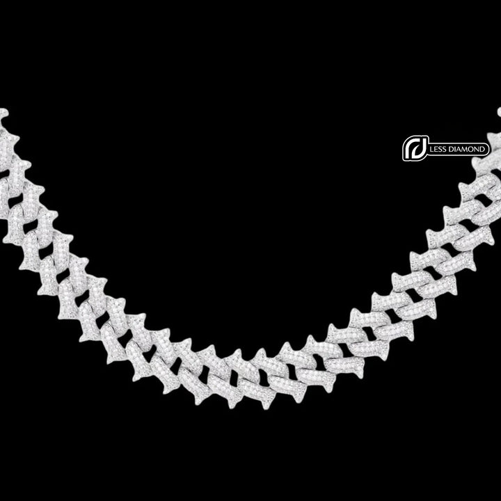 Round Moissanite Geometric Cuban Link Necklace in 14K White Gold Front View