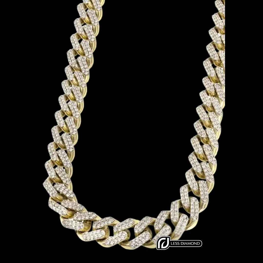 Round Moissanite Geometric Pavé Cuban Link Necklace in 14K Yellow Gold Front View
