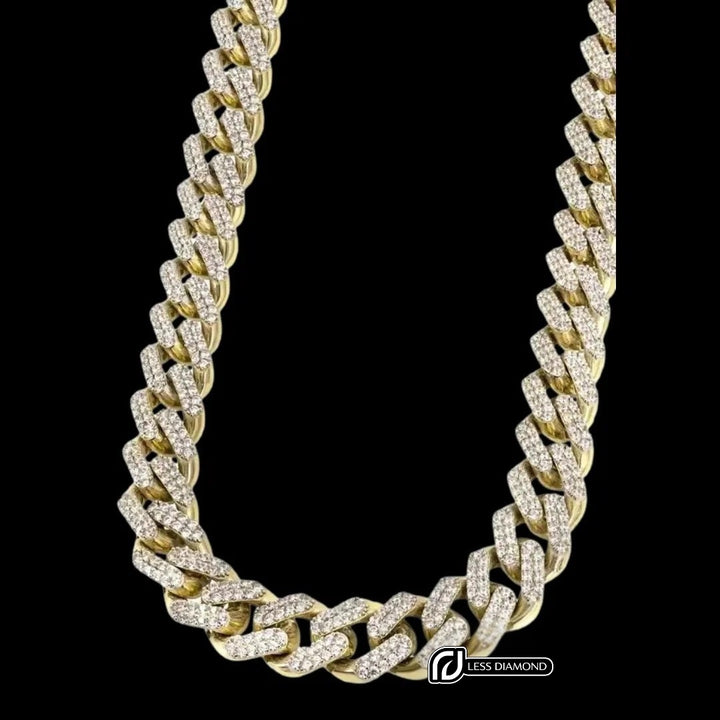 Round Moissanite Geometric Pavé Cuban Link Necklace in 14K Yellow Gold Front View