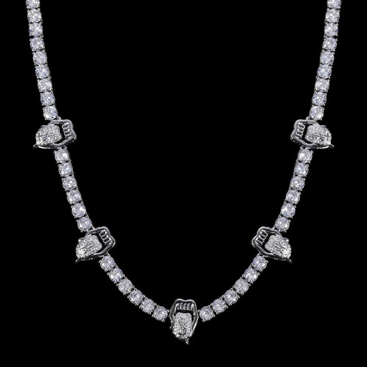 Round Moissanite Lips and Tongue Accent Tennis Necklace in 14K White Gold Close Up Front View