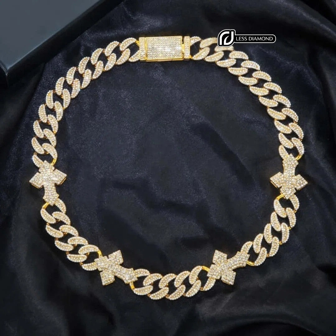 Round Moissanite Pavé Cross Accent Cuban Link Necklace in 14K Yellow Gold Front View