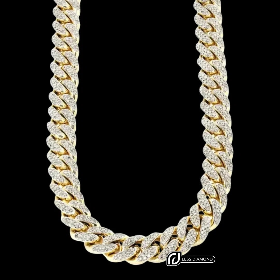 Round Moissanite Pavé Cuban Link Necklace in 14K Gold Front View