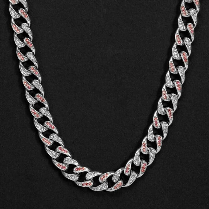 Round Moissanite Pink Accent Cuban Link Necklace in 14K White Gold Close Up Front View
