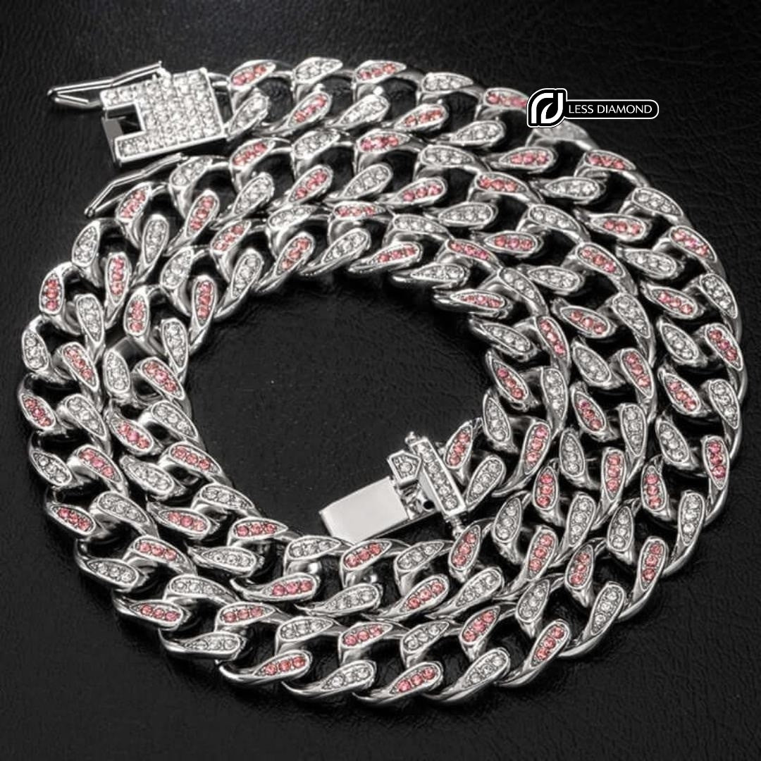 Round Moissanite Pink Accent Cuban Link Necklace in 14K White Gold Front View