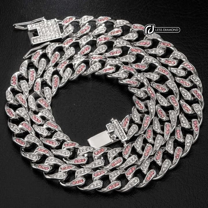 Round Moissanite Pink Accent Cuban Link Necklace in 14K White Gold Front View