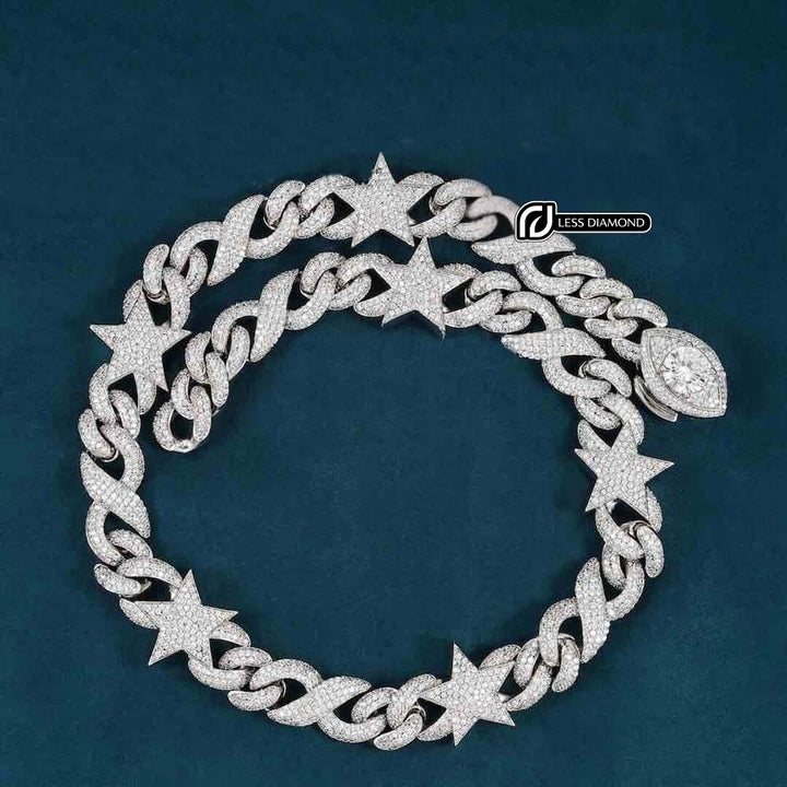 Round Moissanite Star Accent Cuban Link Necklace in 14K White Gold Front View
