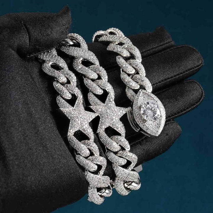 Round Moissanite Star Accent Cuban Link Necklace in 14K White Gold On Hand View