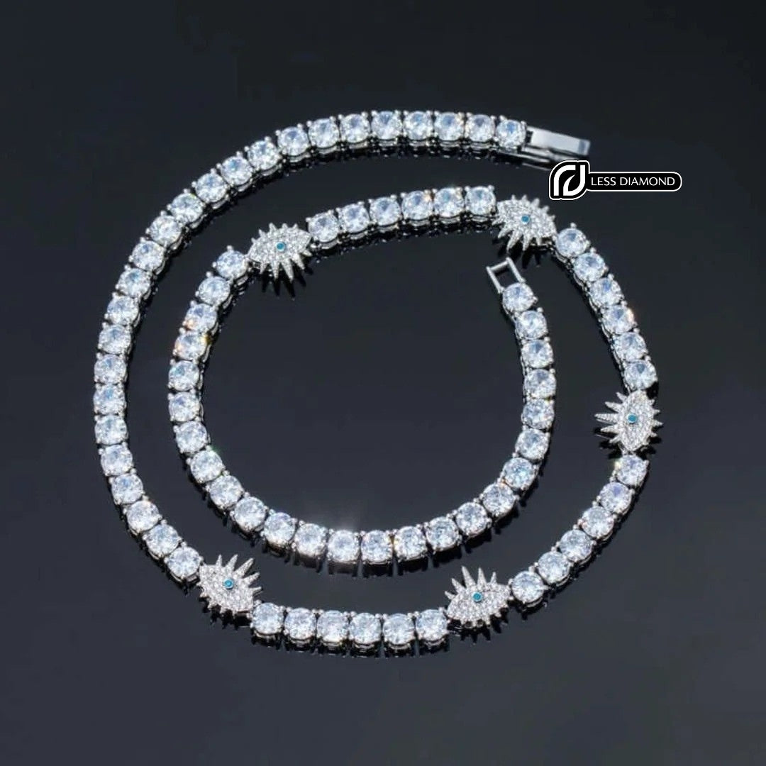 Round Moissanite Starburst Accent Tennis Necklace in 14K White Gold Front View