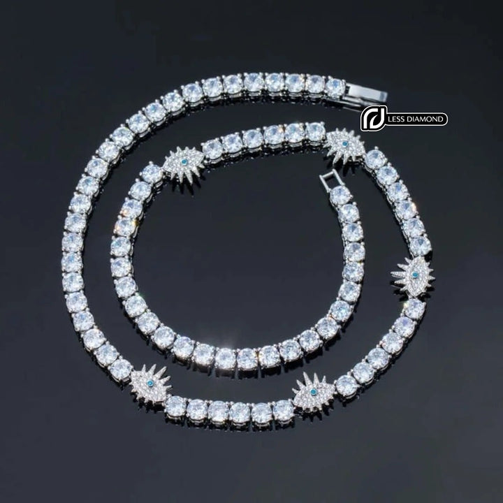 Round Moissanite Starburst Accent Tennis Necklace in 14K White Gold Front View