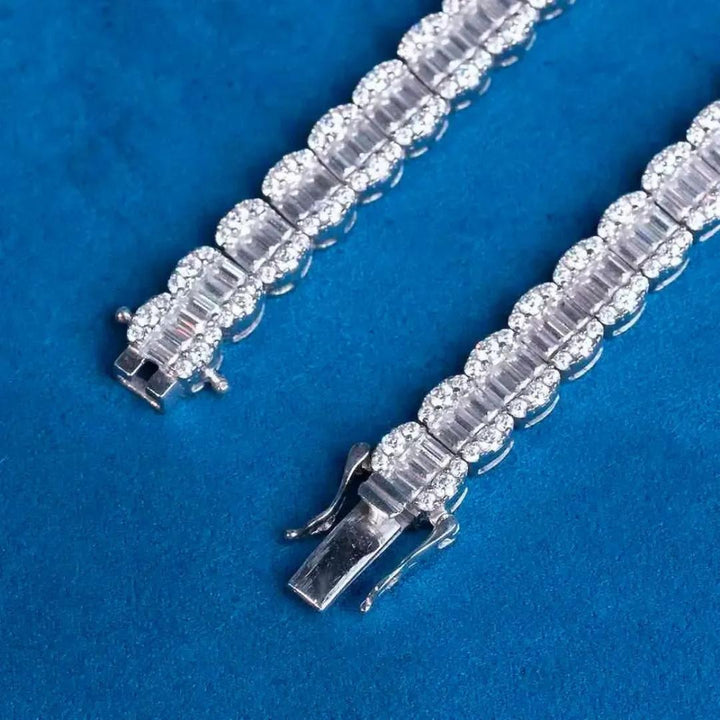 Round and Baguette Moissanite Tennis Necklace in 14K White Gold Clasp View