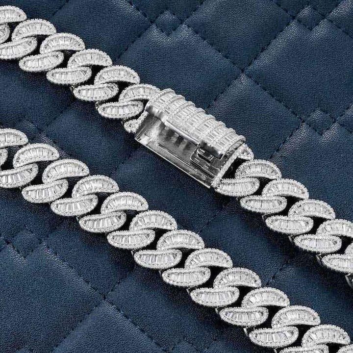 Round and Cushion Moissanite Cuban Link Necklace in 14K White Gold Clasp View