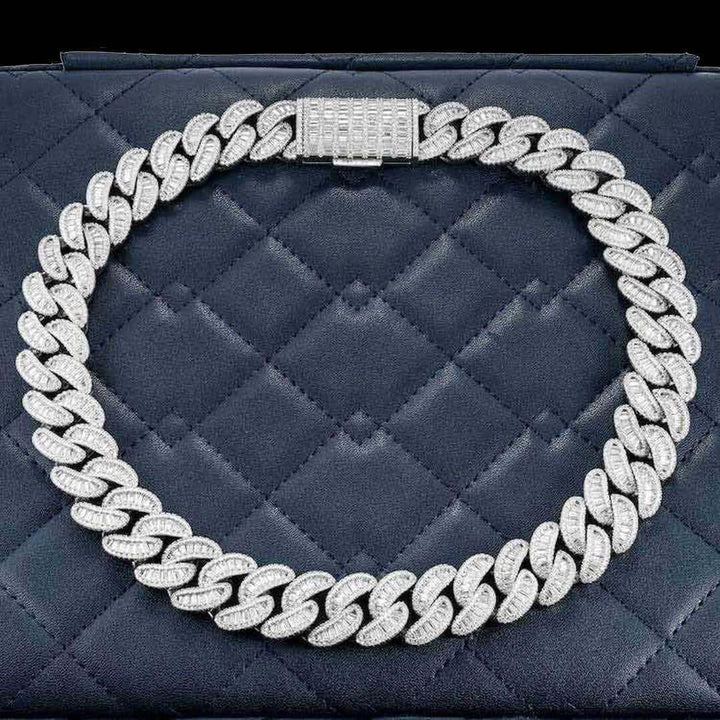 Round and Cushion Moissanite Cuban Link Necklace in 14K White Gold Close Up Front View