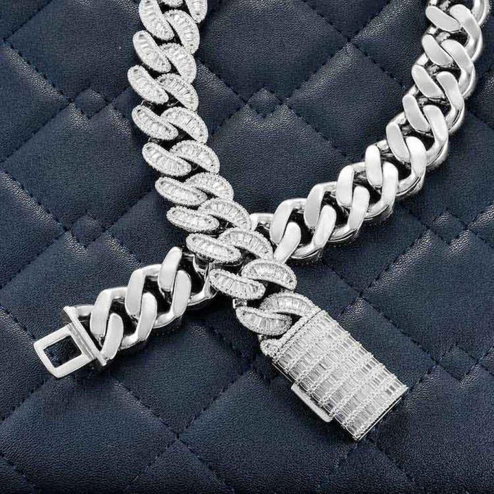 Round and Cushion Moissanite Cuban Link Necklace in 14K White Gold Detailed Close Up View