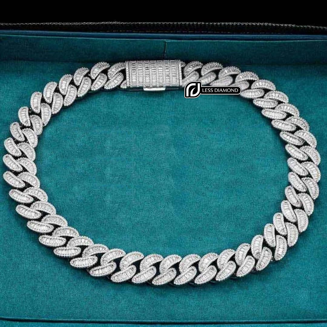 Round and Cushion Moissanite Cuban Link Necklace in 14K White Gold Front View