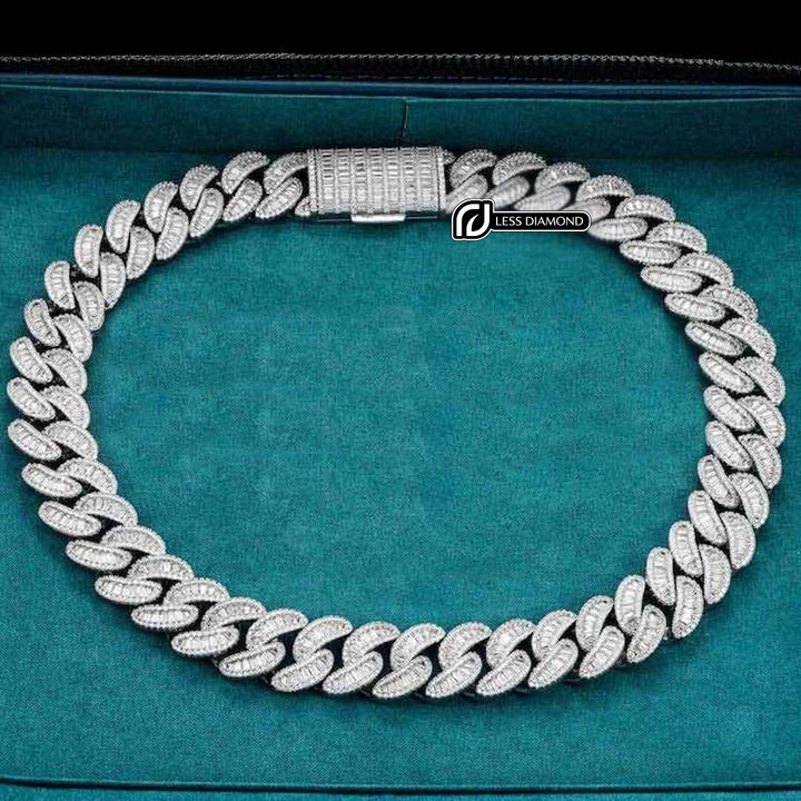 Round and Cushion Moissanite Cuban Link Necklace in 14K White Gold Front View