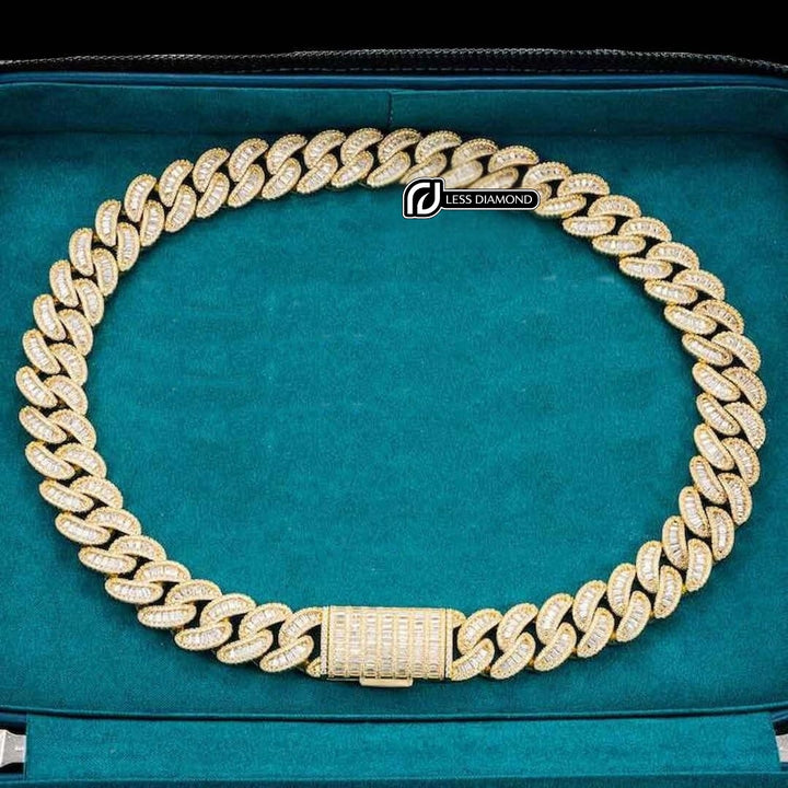 Round and Cushion Moissanite Cuban Link Necklace in 14K Yellow Gold Front View