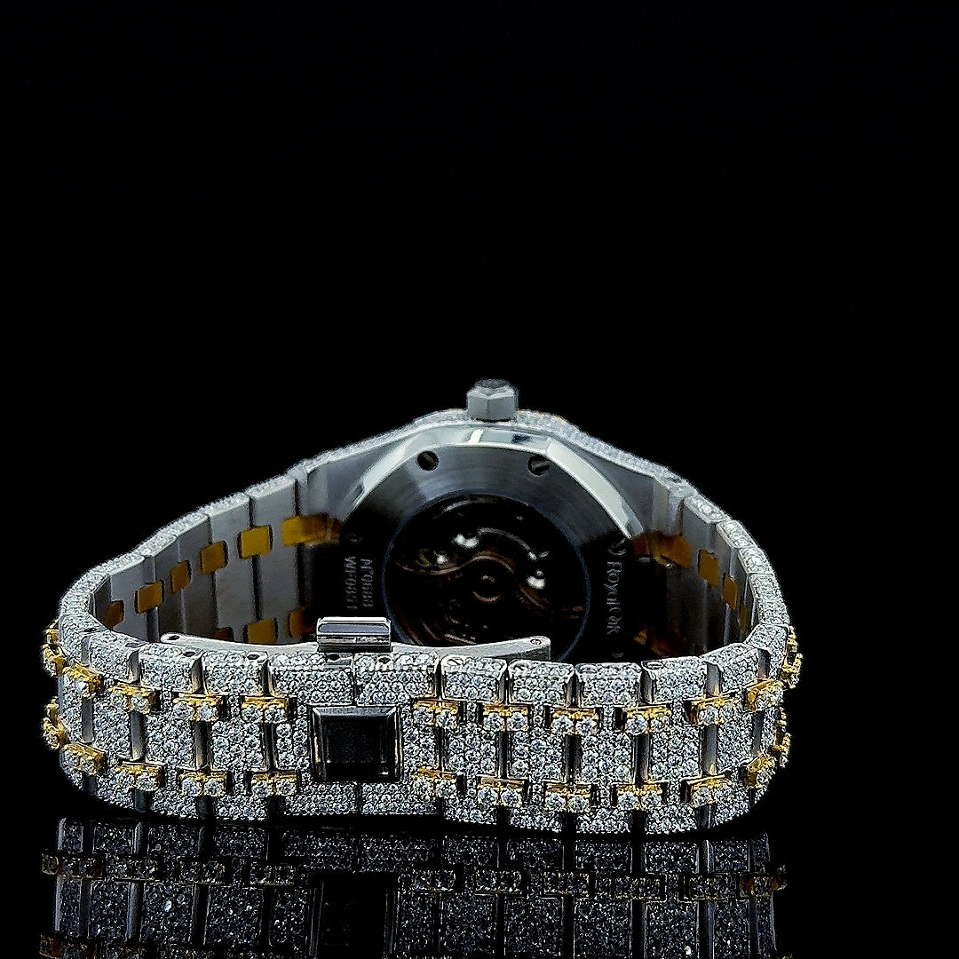 Royal Oak AP Arabic Dial Two Tone Yellow Gold Iced Out Moissanite Watch Caseback View