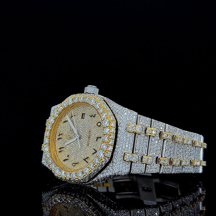 Royal Oak AP Arabic Dial Two Tone Yellow Gold Iced Out Moissanite Watch Left Profile View