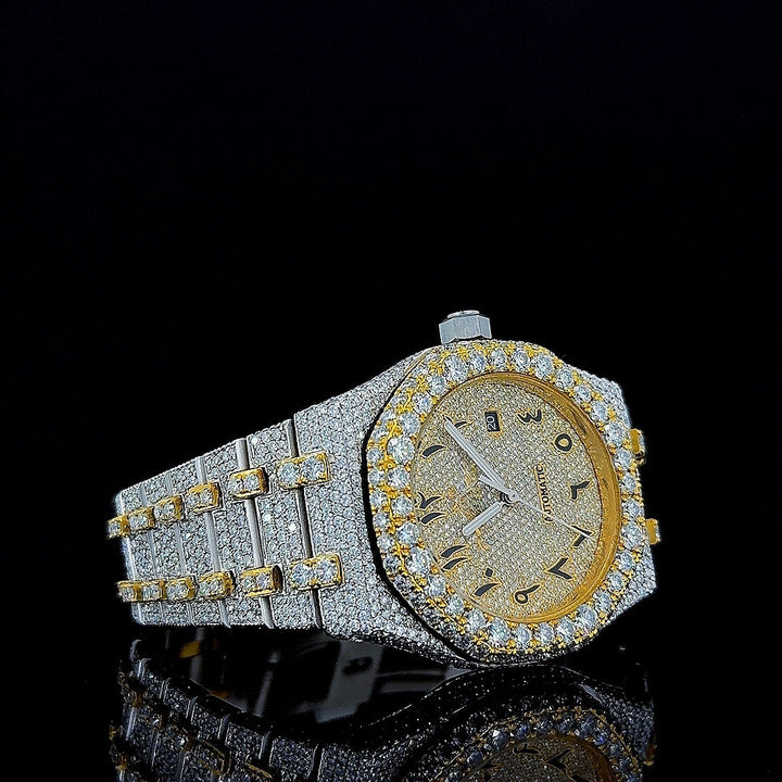 Royal Oak AP Arabic Dial Two Tone Yellow Gold Iced Out Moissanite Watch Right Profile View