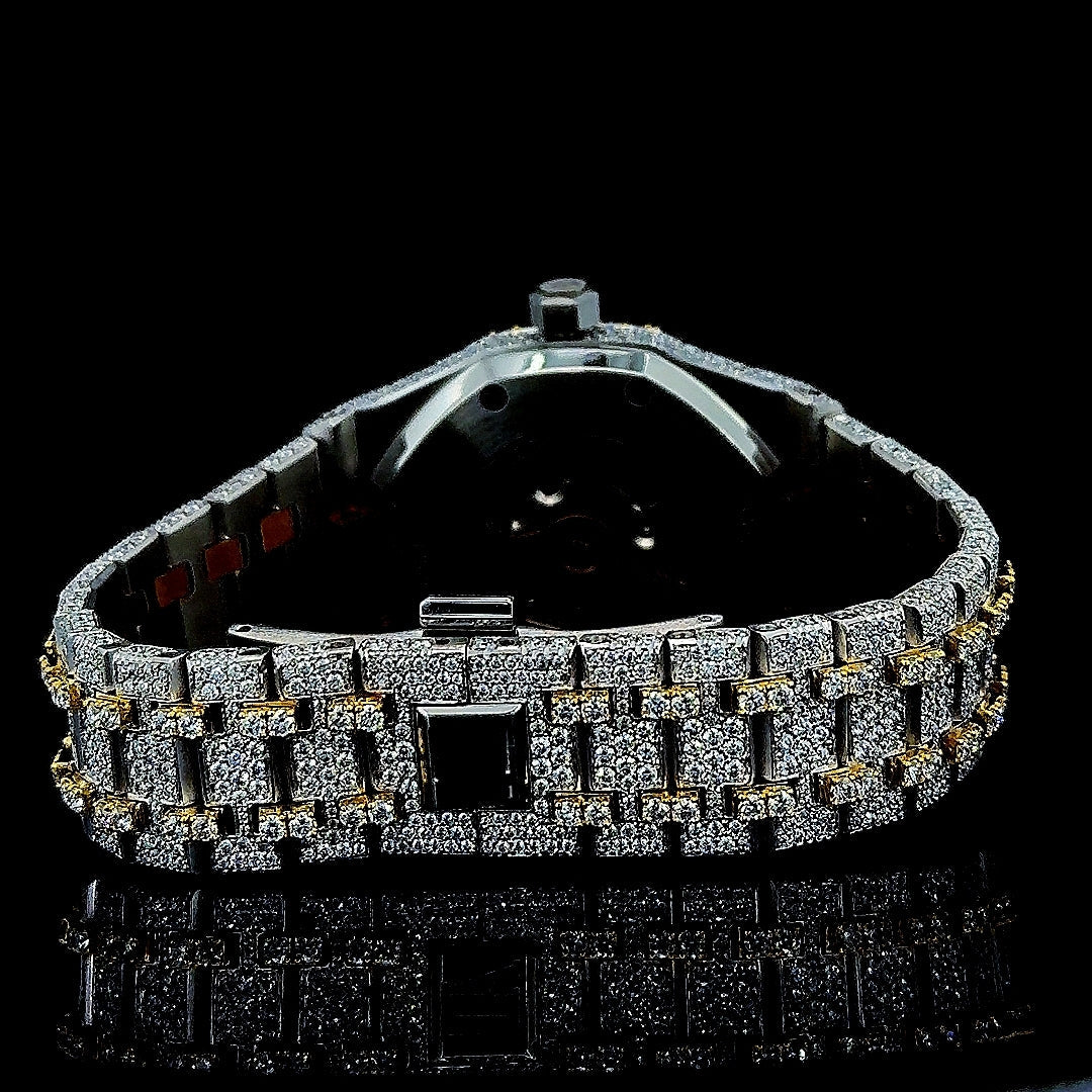 Royal Oak AP Black Stick Markers Dial Two Tone Yellow Gold Iced Out Moissanite Watch Caseback View