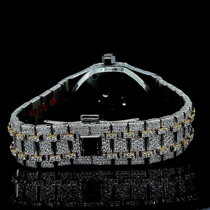 Royal Oak AP Black Stick Markers Dial Two Tone Yellow Gold Iced Out Moissanite Watch Caseback View