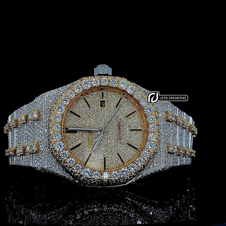 Royal Oak AP Black Stick Markers Dial Two Tone Yellow Gold Iced Out Moissanite Watch Front View