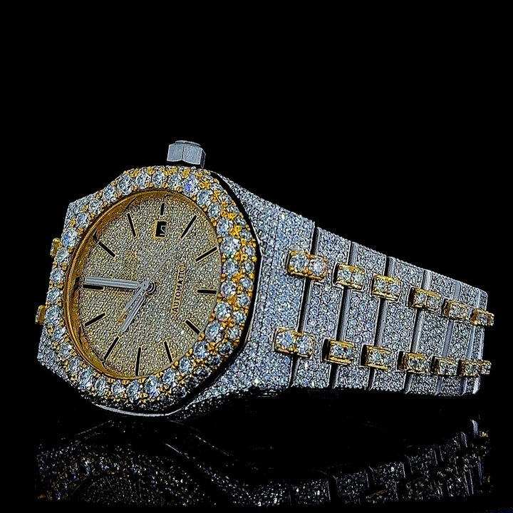 Royal Oak AP Black Stick Markers Dial Two Tone Yellow Gold Iced Out Moissanite Watch Left Profile View