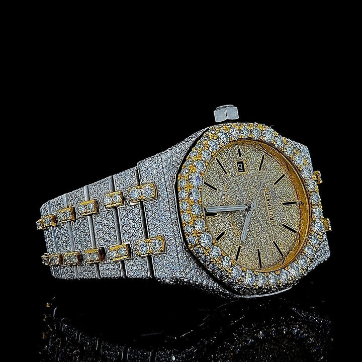 Royal Oak AP Black Stick Markers Dial Two Tone Yellow Gold Iced Out Moissanite Watch Right Profile View