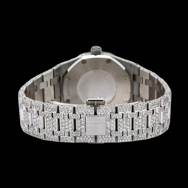 Royal Oak AP Red Stick Markers Diamond Dial Fully Iced Out Moissanite Watch Caseback View