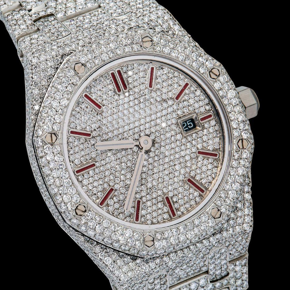 Royal Oak AP Red Stick Markers Diamond Dial Fully Iced Out Moissanite Watch Close Up Dial View