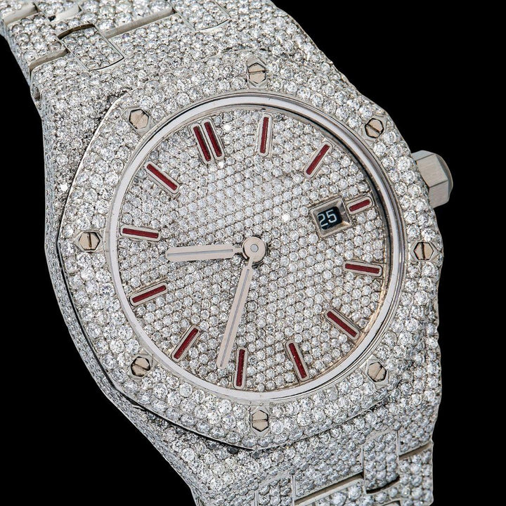 Royal Oak AP Red Stick Markers Diamond Dial Fully Iced Out Moissanite Watch Close Up Dial View