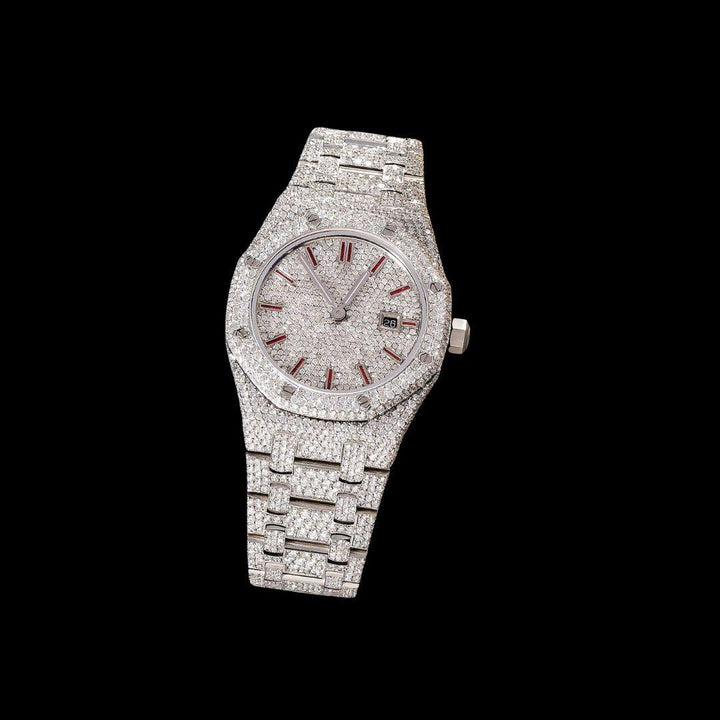 Royal Oak AP Red Stick Markers Diamond Dial Fully Iced Out Moissanite Watch Close Up Front View
