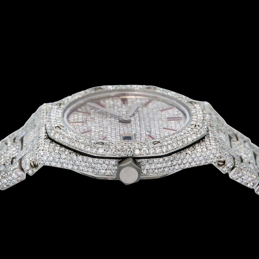 Royal Oak AP Red Stick Markers Diamond Dial Fully Iced Out Moissanite Watch Crown View