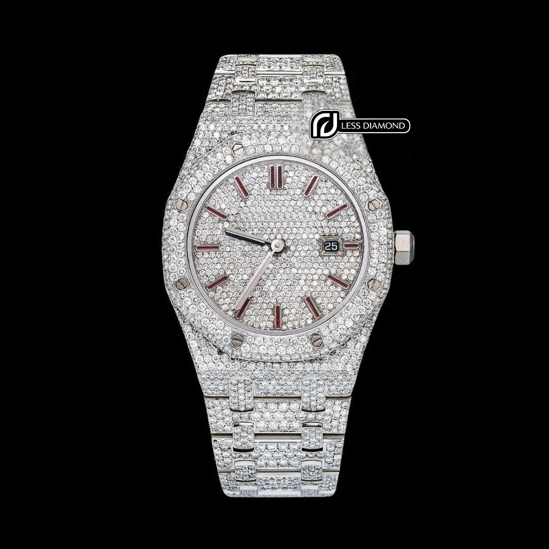 Royal Oak AP Red Stick Markers Diamond Dial Fully Iced Out Moissanite Watch Front View