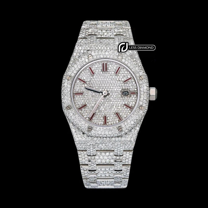 Royal Oak AP Red Stick Markers Diamond Dial Fully Iced Out Moissanite Watch Front View