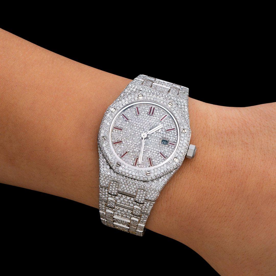 Royal Oak AP Red Stick Markers Diamond Dial Fully Iced Out Moissanite Watch On Wrist View