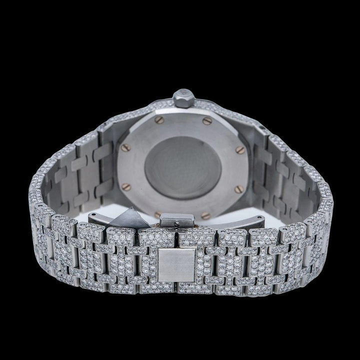 Royal Oak AP White Dial Stick Markers Fully Iced Out Moissanite Watch Caseback View
