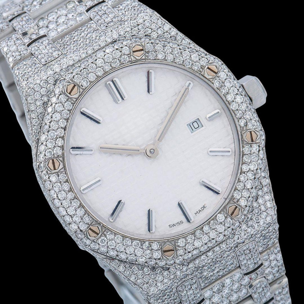 Royal Oak AP White Dial Stick Markers Fully Iced Out Moissanite Watch Close Up Dial View