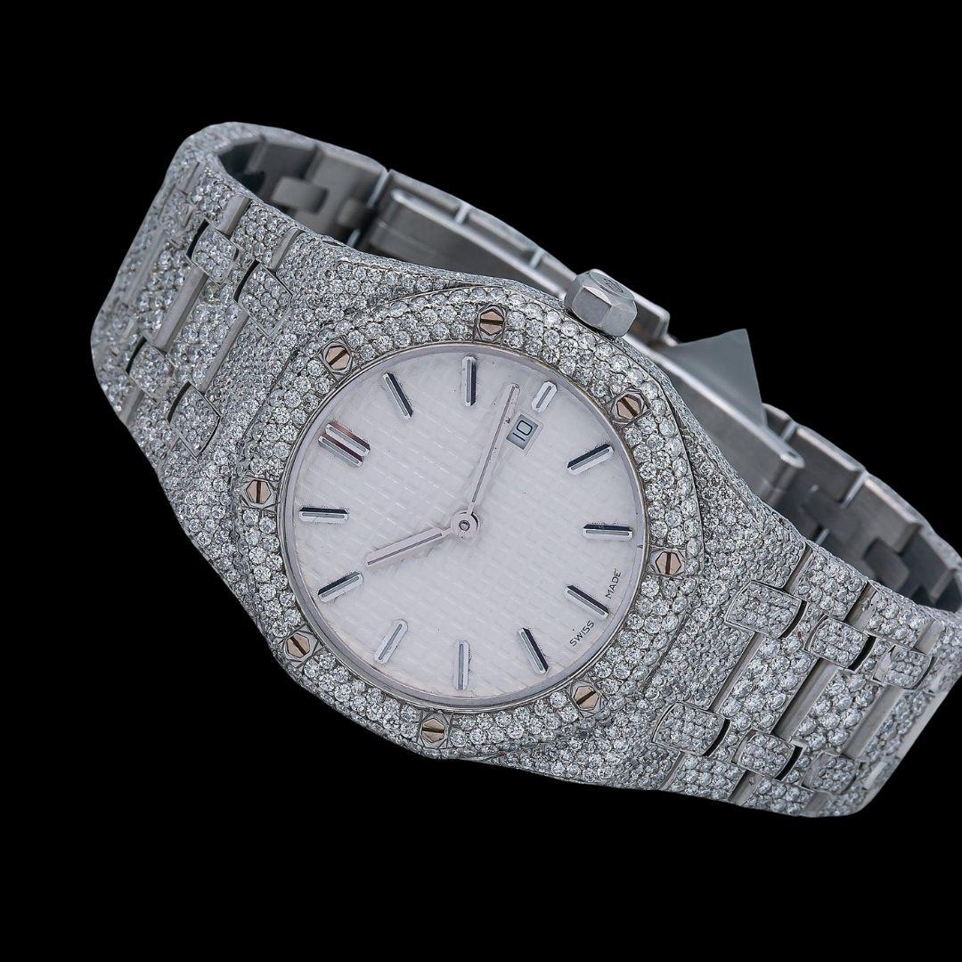 Royal Oak AP White Dial Stick Markers Fully Iced Out Moissanite Watch Close Up Front View