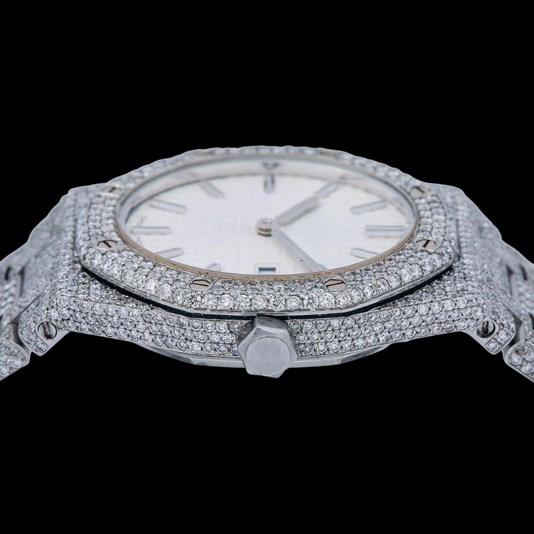 Royal Oak AP White Dial Stick Markers Fully Iced Out Moissanite Watch Crown View