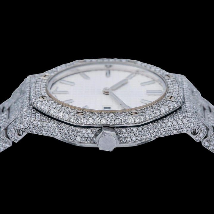 Royal Oak AP White Dial Stick Markers Fully Iced Out Moissanite Watch Crown View