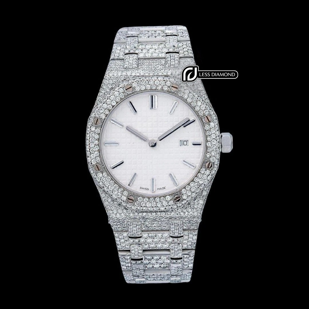 Royal Oak AP White Dial Stick Markers Fully Iced Out Moissanite Watch Front View