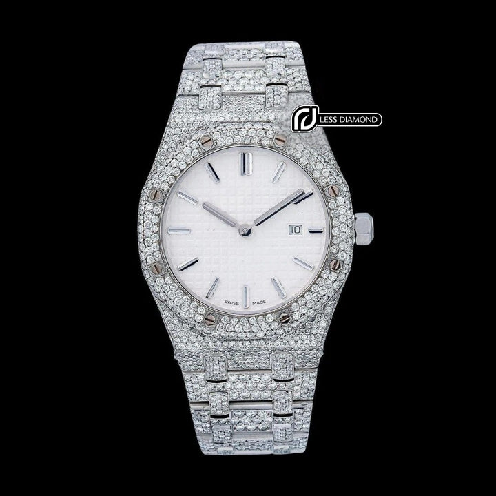 Royal Oak AP White Dial Stick Markers Fully Iced Out Moissanite Watch Front View