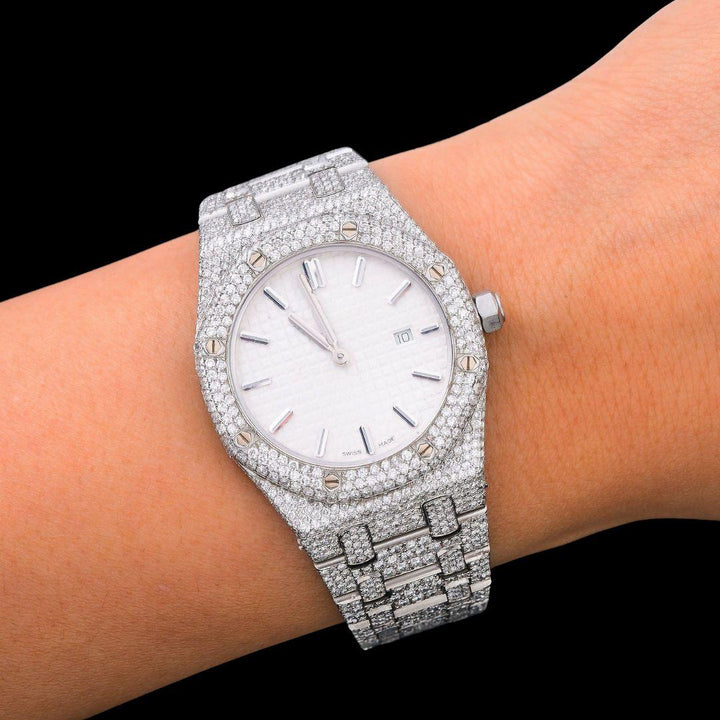 Royal Oak AP White Dial Stick Markers Fully Iced Out Moissanite Watch On Wrist View