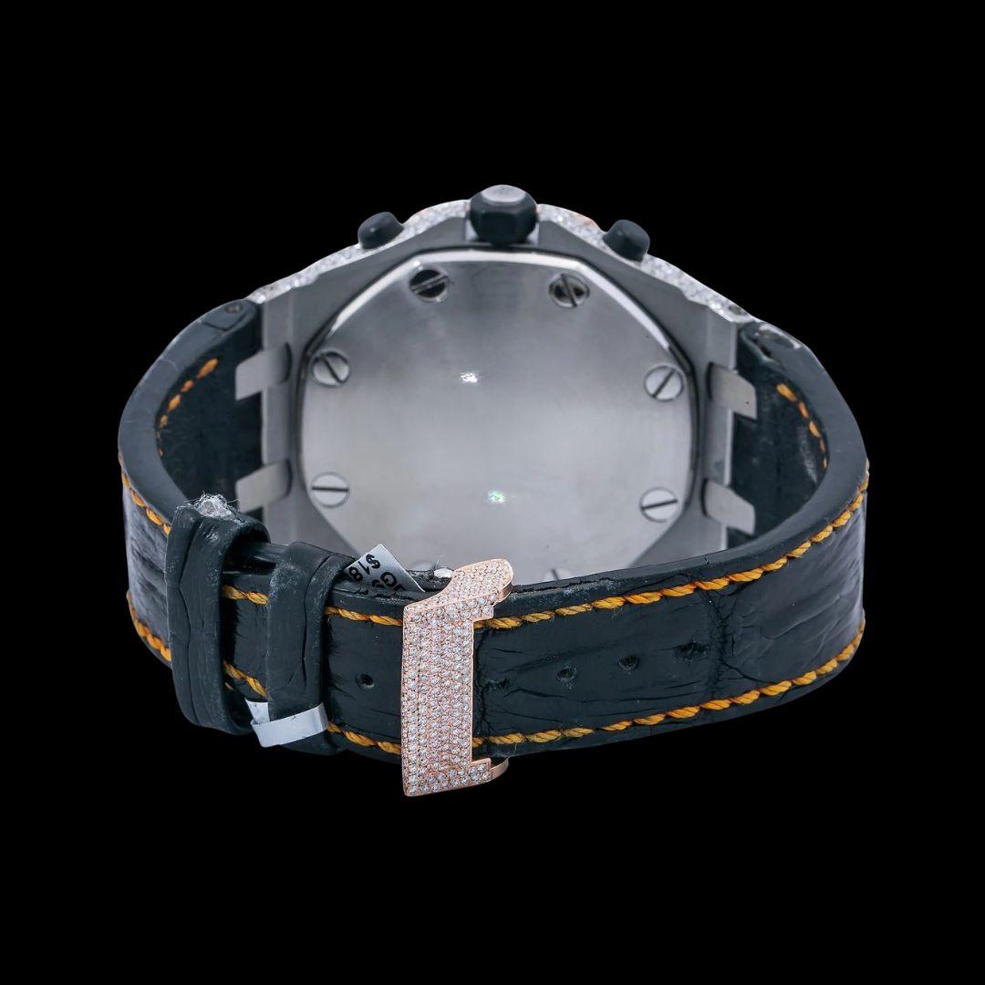 Royal Oak Offshore AP Black Chronograph Orange Numerals Dial Semi Iced Out Leather Strap Watch Caseback View