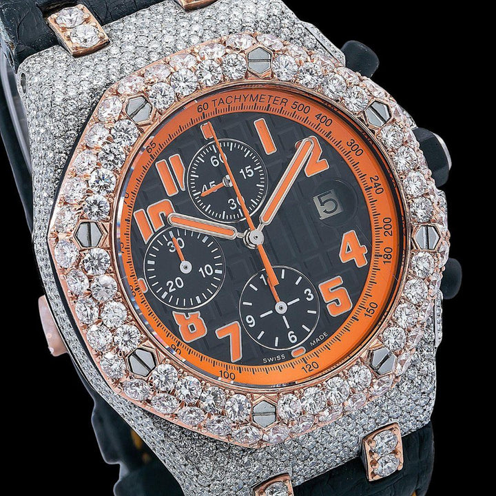 Royal Oak Offshore AP Black Chronograph Orange Numerals Dial Semi Iced Out Leather Strap Watch Close Up Dial View