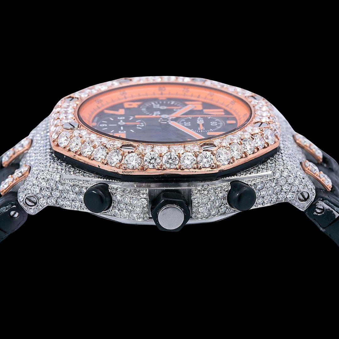 Royal Oak Offshore AP Black Chronograph Orange Numerals Dial Semi Iced Out Leather Strap Watch Crown View