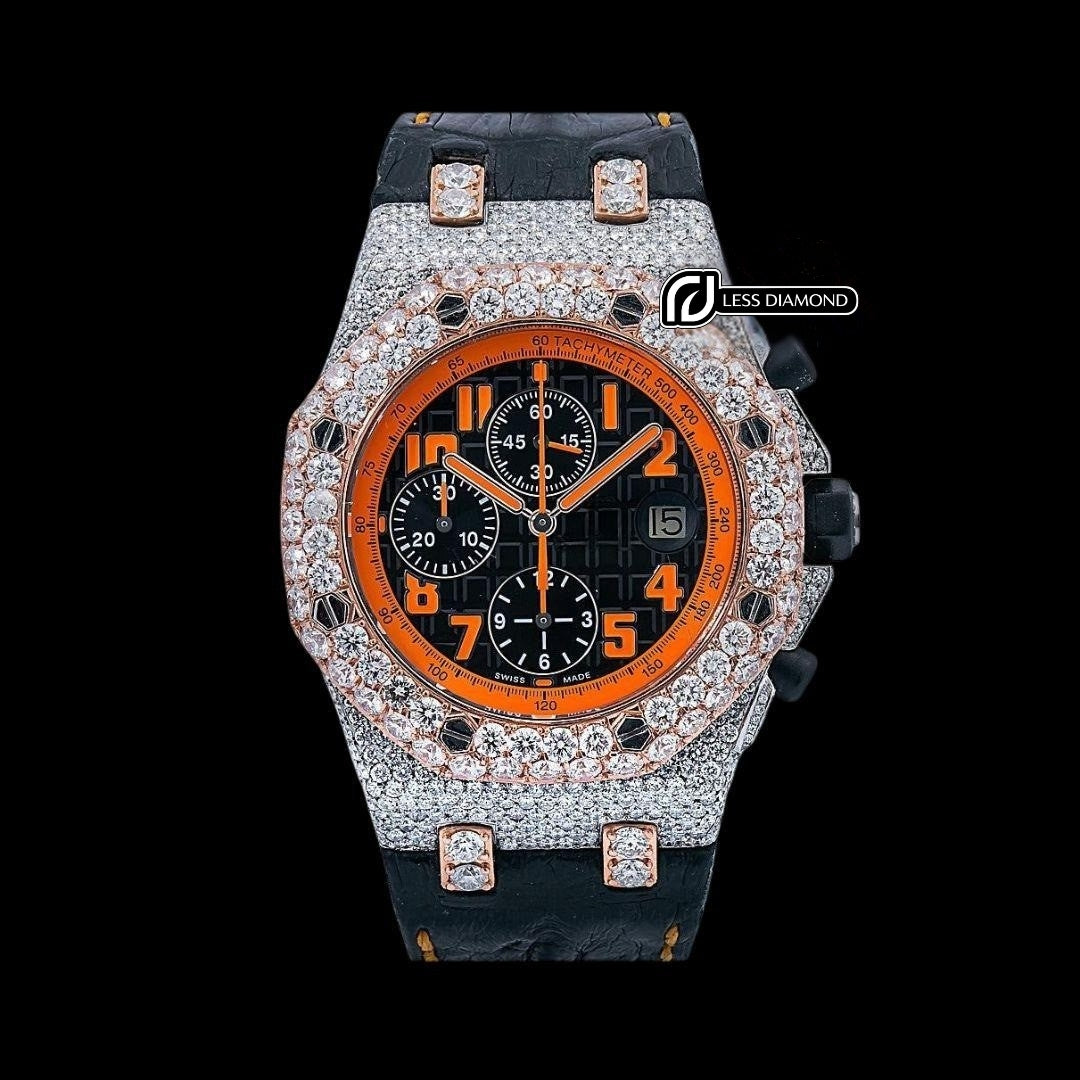 Royal Oak Offshore AP Black Chronograph Orange Numerals Dial Semi Iced Out Leather Strap Watch Front View