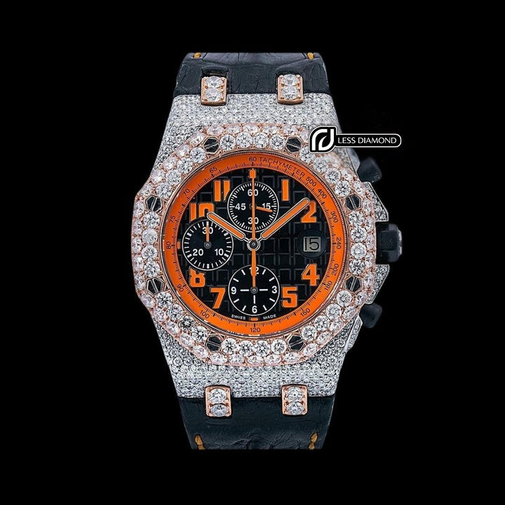 Royal Oak Offshore AP Black Chronograph Orange Numerals Dial Semi Iced Out Leather Strap Watch Front View