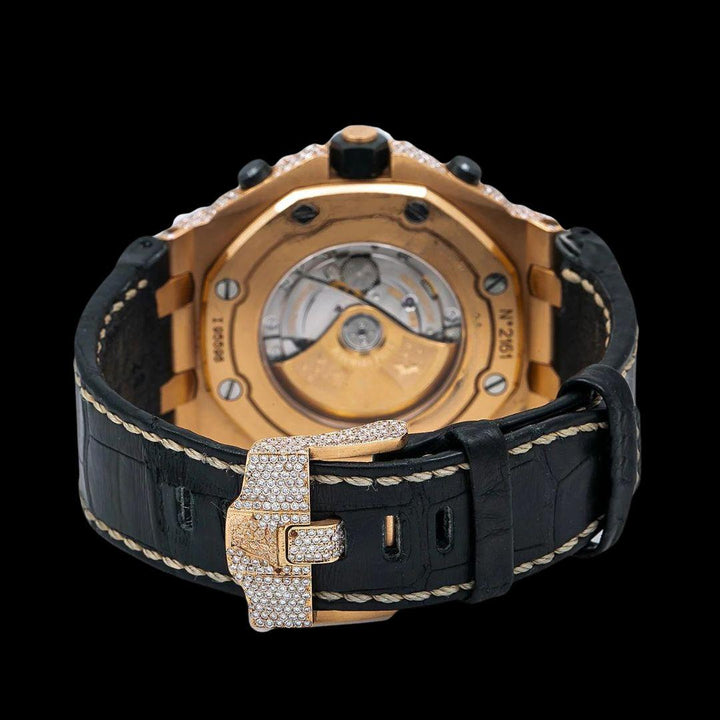 Royal Oak Offshore AP Champagne Chronograph Dial Semi Iced Out Leather Strap Watch Caseback View